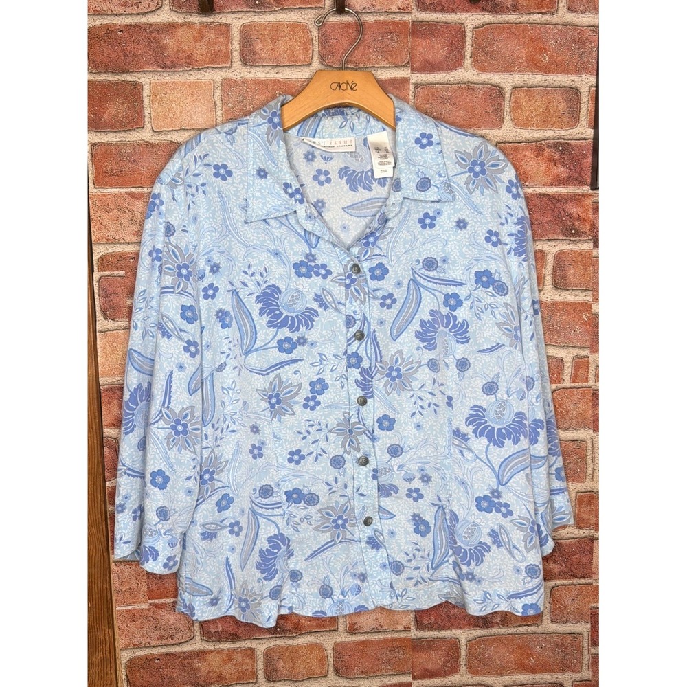 First Issue Liz Claiborne Blue Floral Paisley Button Front Blouse Top XL 3/4 Slv
